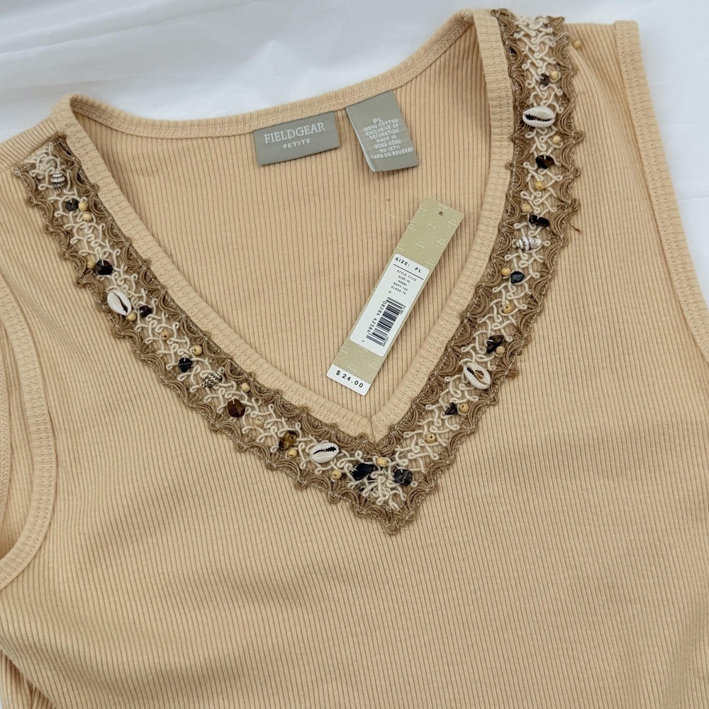 Nautical Tank Top Petite Large Khaki Sleeveless Shell Trim Beaded Shells Boho